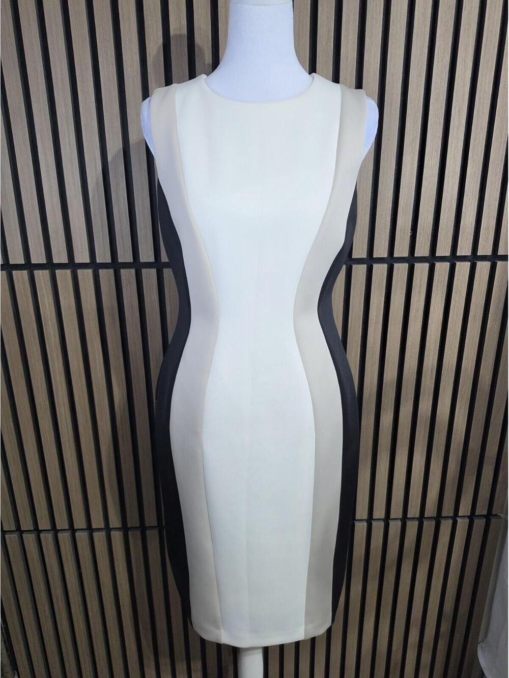 Calvin Klein Colorblock Sheath Dress 8 White Gray Black Knit Sleeveless Zip